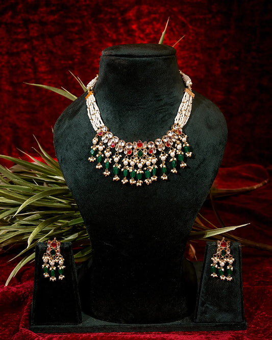 Kundan Pearl Choker Necklace Set, Green Ruby Bridal Jewelry, Indian Wedding Choker, Meenakari Necklace Set, Traditional Ethnic Jewelry