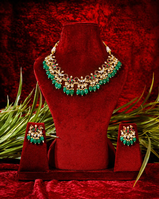 Kundan Choker Necklace Set, Green Beaded Bridal Jewelry, Pearl Meenakari Choker, Traditional Wedding Necklace, Ethnic Statement Jewelry