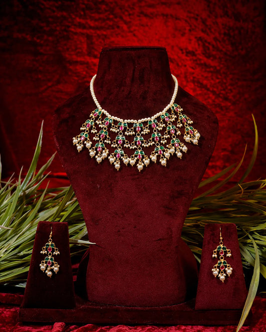 Pearl Kundan Choker Necklace Set, Bridal Jewelry, Green Pink Meenakari Necklace, Traditional Wedding Jewelry, Ethnic Statement Necklace