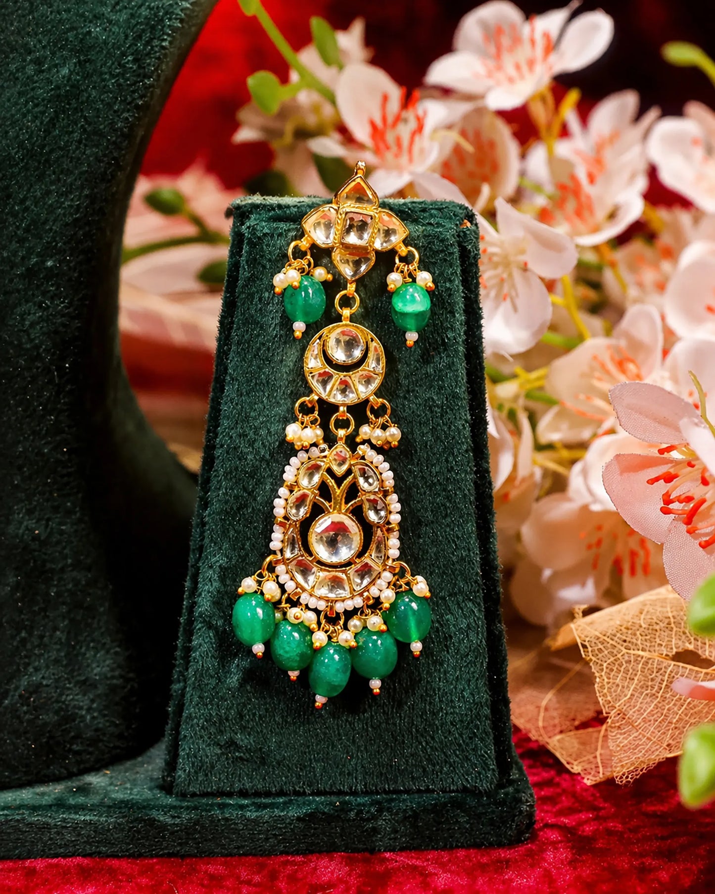Long Kundan Pearl Pendant Necklace Set, Green Beaded Bridal Jewelry, Indian Wedding Jewelry, Ethnic Polki Necklace Earrings Maang Tikka