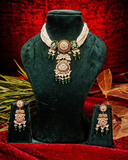 Royal Green Kundan Pearl Bridal Necklace Set, Indian Wedding Jewelry Set, Traditional Meenakari Choker with Earrings, Bridal Necklace