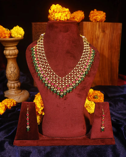 Red Green Kundan Necklace Set, Traditional Indian Bridal Jewelry, Adjustable Thread Necklace, Ethnic Gold Statement Necklace with Earrings