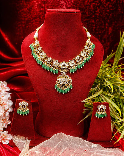 Green Beads Kundan Necklace Set, Gold Plated Indian Bridal Jewelry, Traditional Polki Choker Set with Earrings & PendantWedding Necklace
