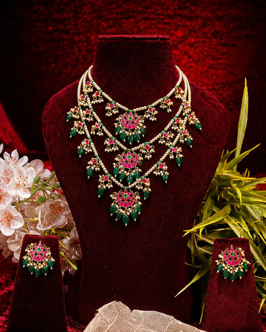 South Indian Temple Jewelry Set Gold Plated Green Bead Necklace Set, Pink Kemp Stone Bridal Haram Set, Traditional Indian Wedding Jewelry