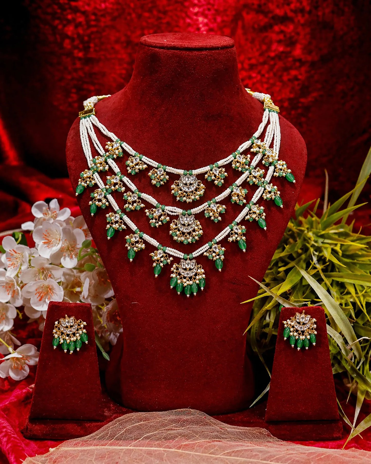 Green Kundan Bridal Necklace Set, Multi Layer Pearl Indian Wedding Jewelry, Gold Statement Necklace Earrings, Traditional Bridal Jewelry Set