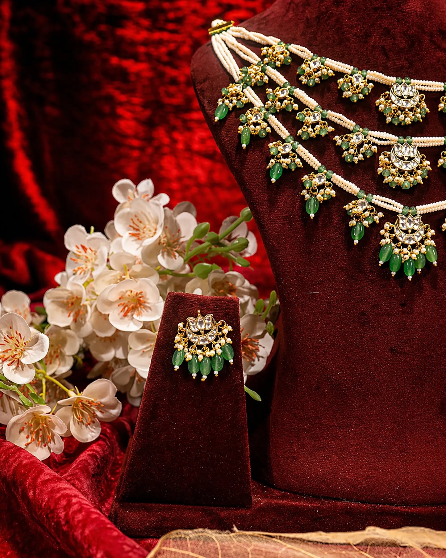 Green Kundan Bridal Necklace Set, Multi Layer Pearl Indian Wedding Jewelry, Gold Statement Necklace Earrings, Traditional Bridal Jewelry Set