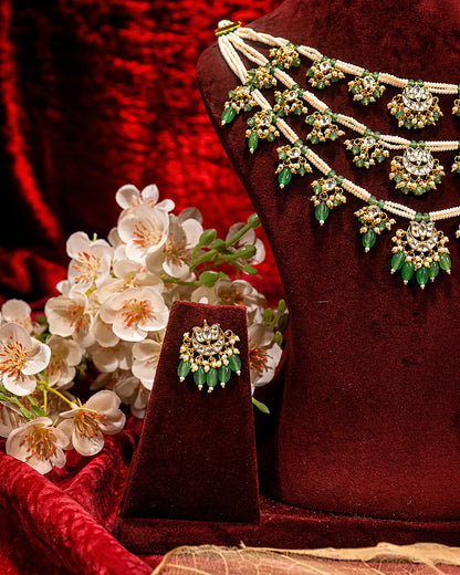 Green Kundan Bridal Necklace Set, Multi Layer Pearl Indian Wedding Jewelry, Gold Statement Necklace Earrings, Traditional Bridal Jewelry Set