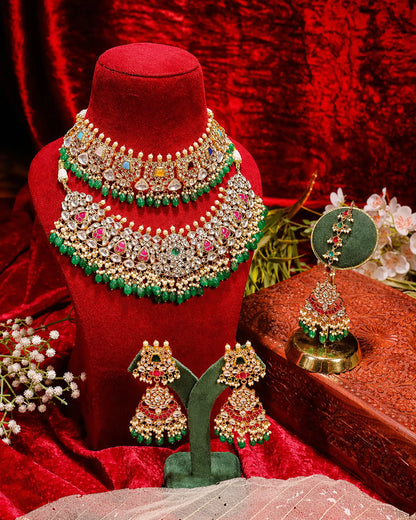 Gold Plated Kundan Bridal Necklace Set with Maang Tikka & Chandbali Earrings, Indian Wedding Jewelry Set, Green Beads Rani Pink Polki Choker