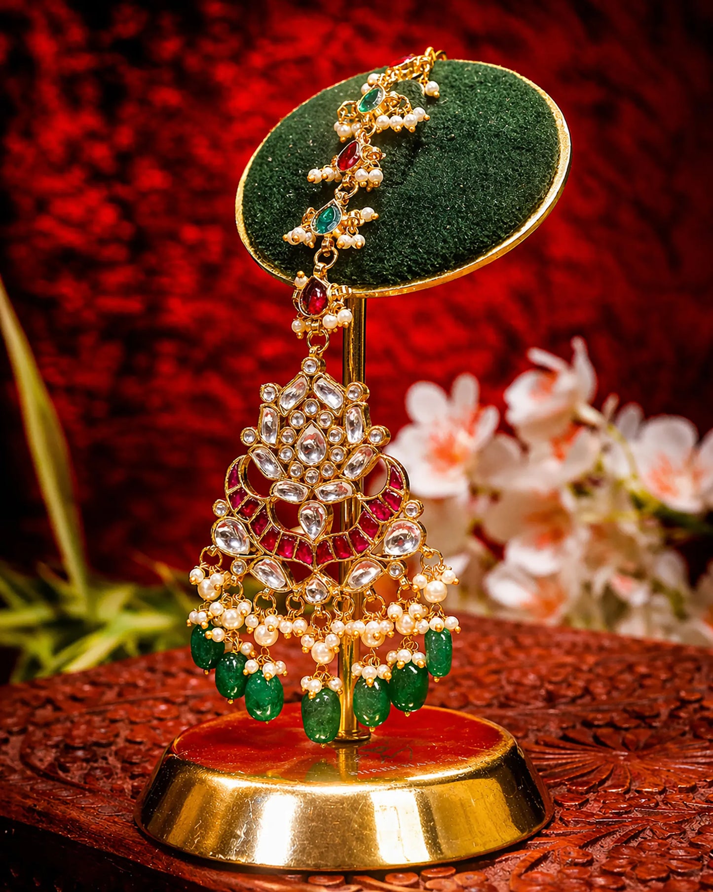 Gold Plated Kundan Bridal Necklace Set with Maang Tikka & Chandbali Earrings, Indian Wedding Jewelry Set, Green Beads Rani Pink Polki Choker