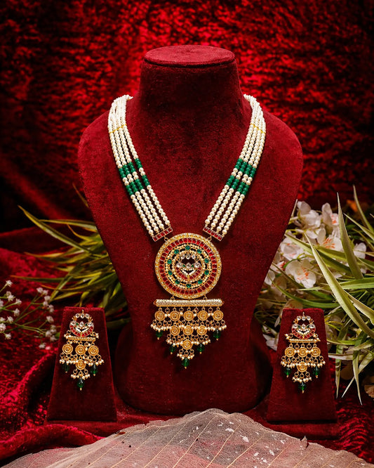 Traditional Long Pendant Necklace Set, Indian Pearl Mala Jewelry, Kundan Bridal Necklace, Ethnic Wedding Jewelry Set, Green Red Pendant Set