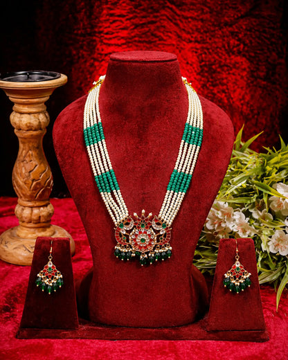 Handmade Long Pendant Necklace Set, Indian Pearl Mala Jewelry, Kundan Bridal Necklace, Ethnic Wedding Jewelry Set, Green Red Pendant Set