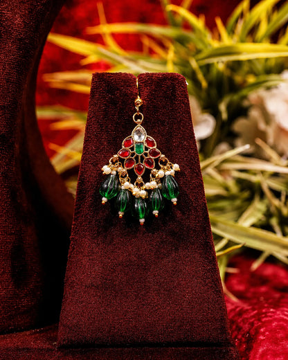 Handmade Long Pendant Necklace Set, Indian Pearl Mala Jewelry, Kundan Bridal Necklace, Ethnic Wedding Jewelry Set, Green Red Pendant Set