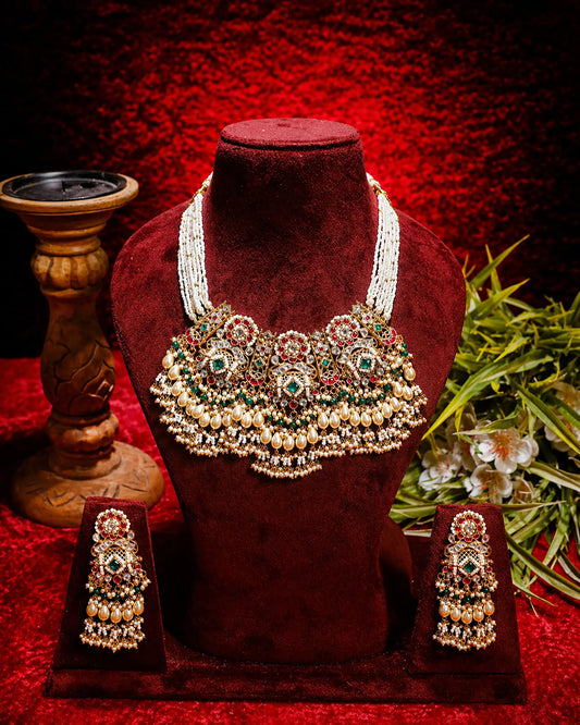 Gold Plated Green Beads and Pink Stone Bridal Necklace Set, Indian Wedding Jewelry, Kundan Ethnic Necklace, Traditional Bridal Jewelry Set