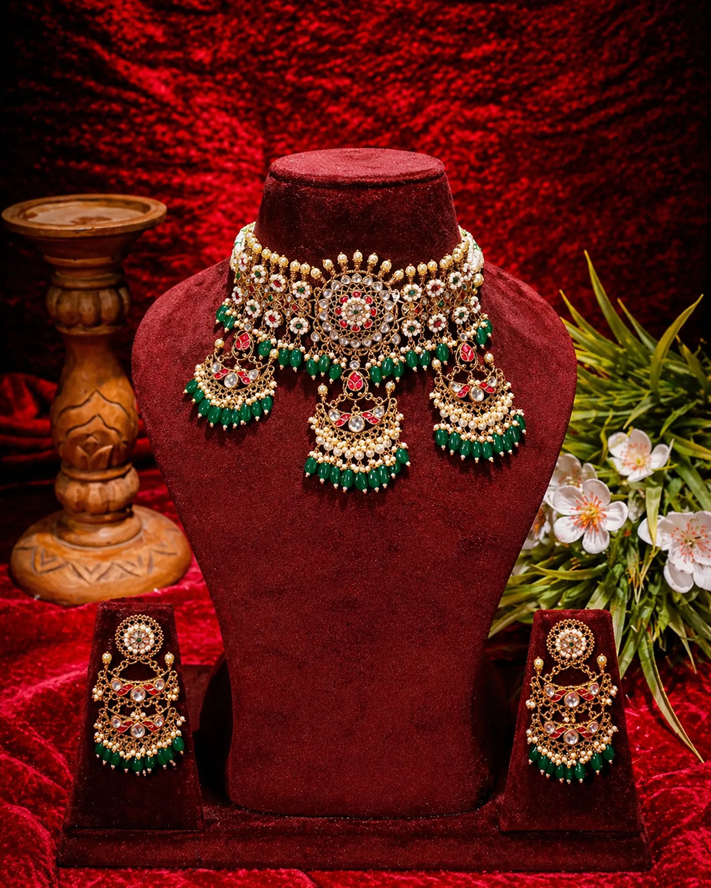 Bridal Kundan Choker Necklace Set with Earrings, Green Beads Polki Jewelry, Indian Wedding Gold Choker, Traditional Ethnic Bridal Jewelry