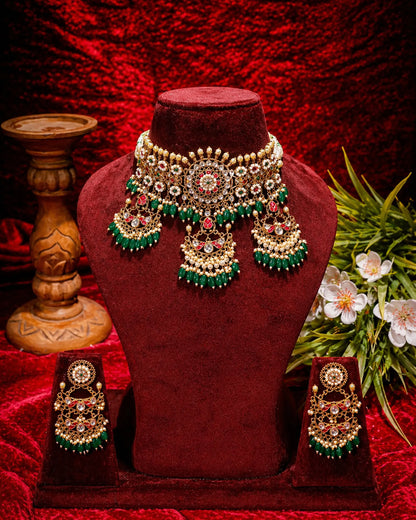 Bridal Kundan Choker Necklace Set with Earrings, Green Beads Polki Jewelry, Indian Wedding Gold Choker, Traditional Ethnic Bridal Jewelry