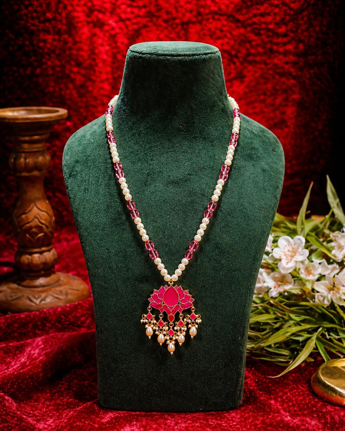 Pink Lotus Pearl Beads Long Pendant Necklace Set, Indian Bridal Jewelry, Kundan Ethnic Necklace, Lotus Pendant Jewelry, Wedding Pearl Mala
