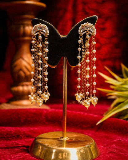Gold Plated Kundan Pearl Tassel Earrings