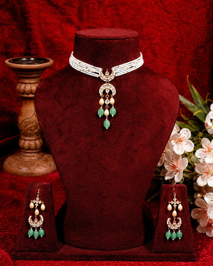 Pearl Choker Necklace Set, Indian Bridal Jewelry, Green Bead Choker, Ethnic Wedding Jewelry, Gold Plated Necklace Set