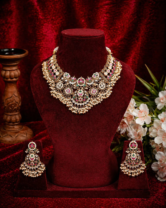 Kundan Bridal Choker Necklace Set with Earrings, Gold Indian Wedding Jewelry, Pearl Drop Choker Set, Traditional Polki Necklace