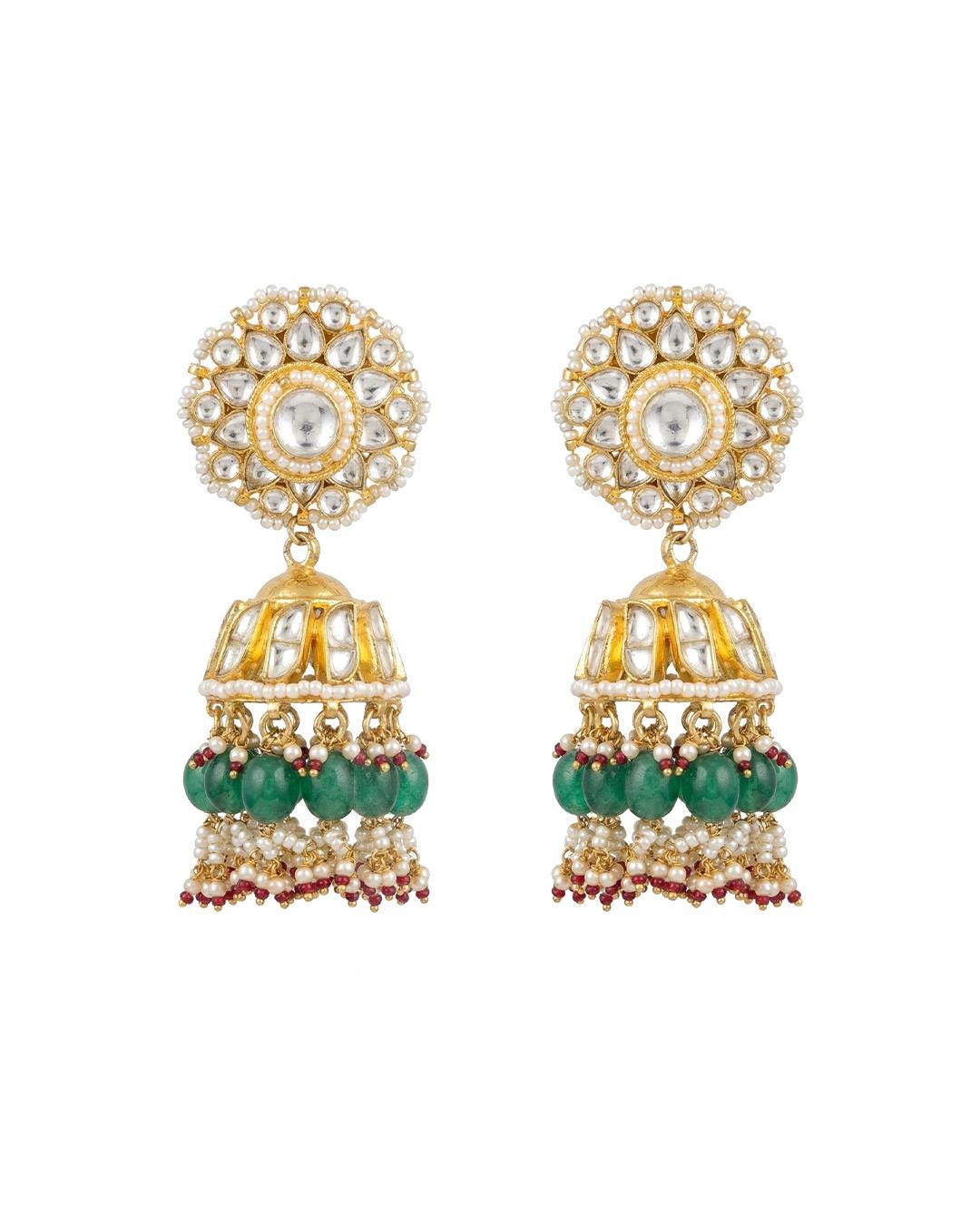 Jadau Jhumka Earrings with Polki Stones, Green Beads, Pearl Detailing, Traditional Indian Bridal Ethnic Jewelry