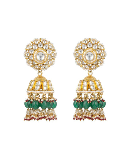 Jadau Jhumka Earrings with Polki Stones, Green Beads, Pearl Detailing, Traditional Indian Bridal Ethnic Jewelry