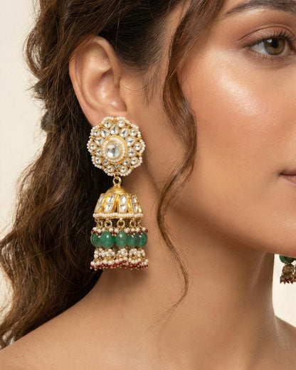 Jadau Jhumka Earrings with Polki Stones, Green Beads, Pearl Detailing, Traditional Indian Bridal Ethnic Jewelry