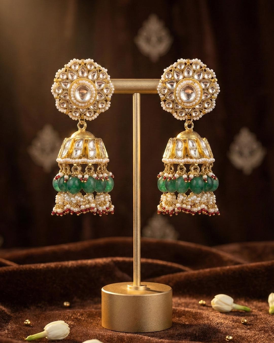 Jadau Jhumka Earrings with Polki Stones, Green Beads, Pearl Detailing, Traditional Indian Bridal Ethnic Jewelry