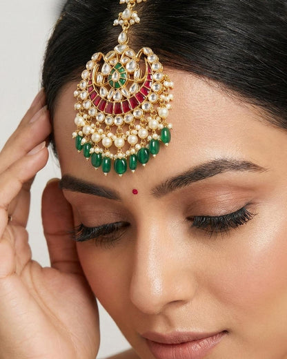 Indian Bridal Maang Tikka Headpiece, Kundan Pearl Forehead Jewelry, Pink Bridal Headpiece for Wedding, South Asian Bride Jewelry