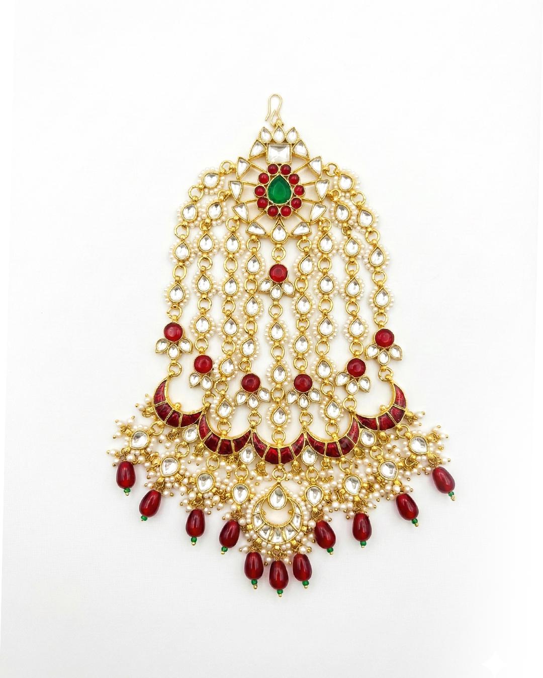 Handmade Kundan Pasa Jhoomar Bridal Headpiece with Red Pearls and Green Center Stone Mughal-Inspired Gold-Plated Wedding Jewelry
