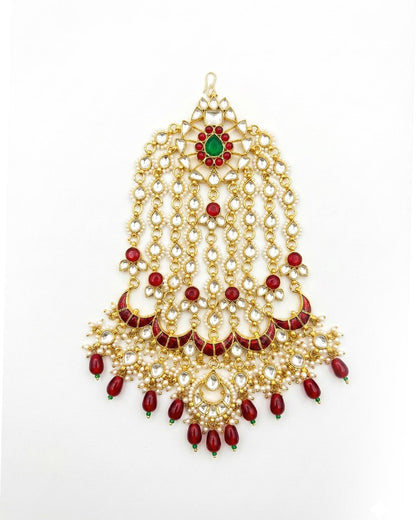 Handmade Kundan Pasa Jhoomar Bridal Headpiece with Red Pearls and Green Center Stone Mughal-Inspired Gold-Plated Wedding Jewelry