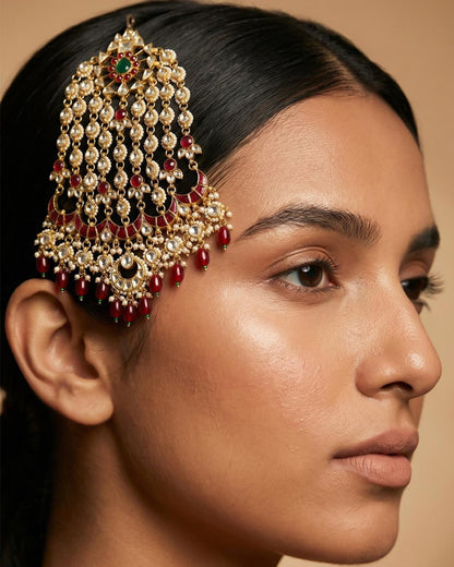 Handmade Kundan Pasa Jhoomar Bridal Headpiece with Red Pearls and Green Center Stone Mughal-Inspired Gold-Plated Wedding Jewelry