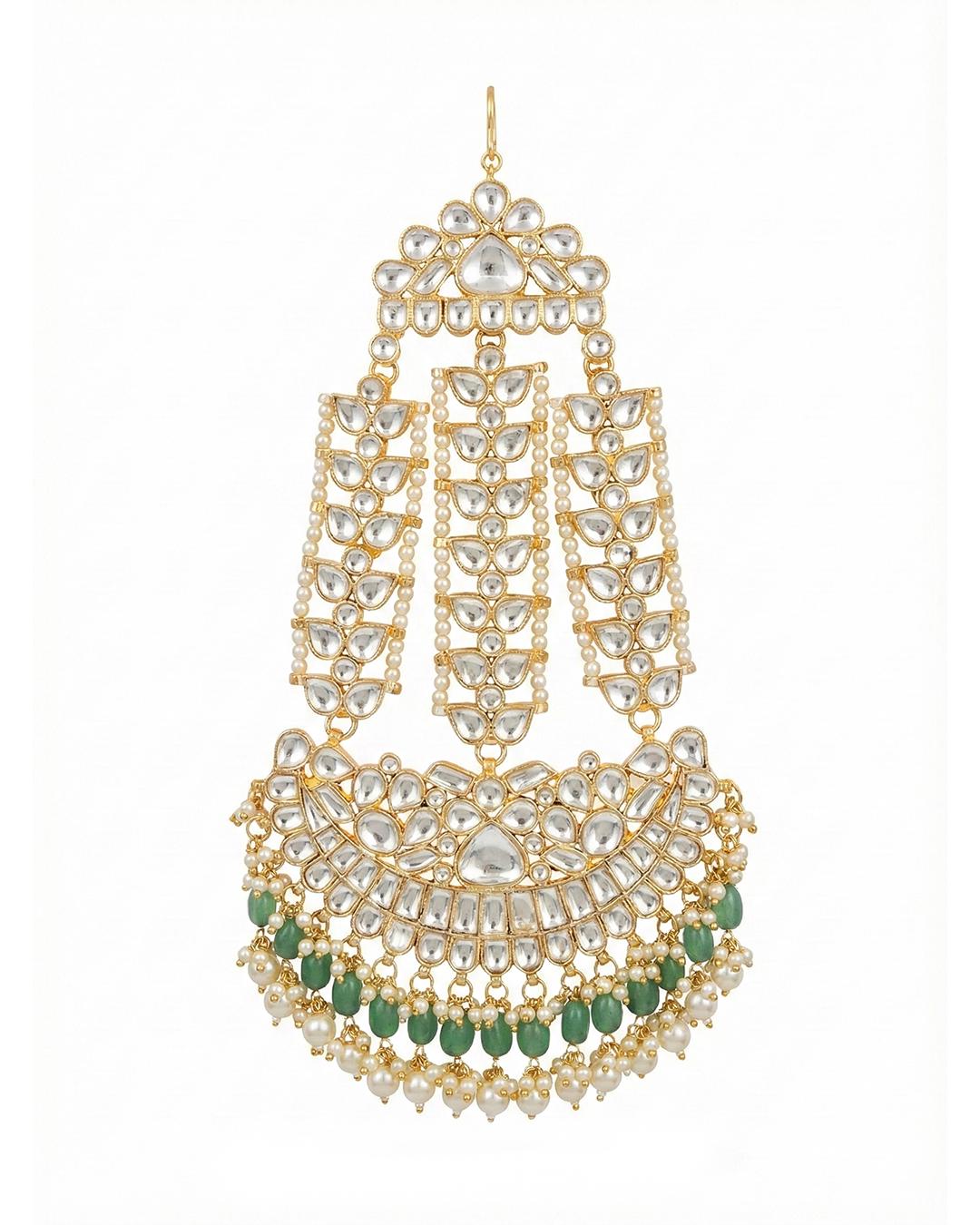 Handmade White Polki Bridal Pasa Jhoomar Jewelry with Green Bead Side Headpiece, Mughal Kundan Pearl Head Accessory for Traditional Weddings