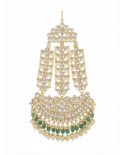 Handmade White Polki Bridal Pasa Jhoomar Jewelry with Green Bead Side Headpiece, Mughal Kundan Pearl Head Accessory for Traditional Weddings