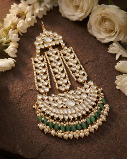 Handmade White Polki Bridal Pasa Jhoomar Jewelry with Green Bead Side Headpiece, Mughal Kundan Pearl Head Accessory for Traditional Weddings