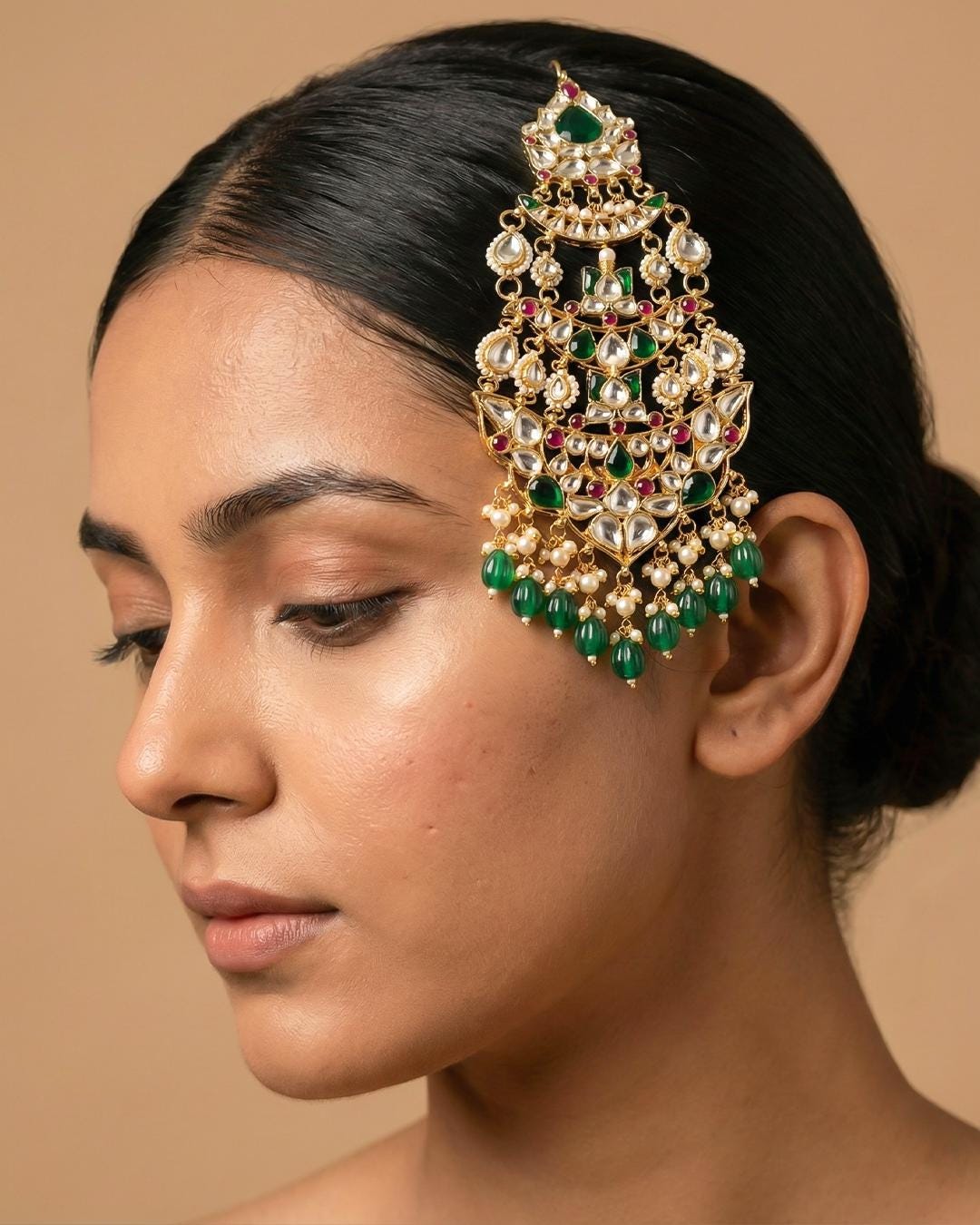Royal Layered Kundan Passa Headpiece Jewelry for Bridal, Traditional Mughal Ethnic Jewelry, Gold-Plated Wedding Jhoomar Accessories