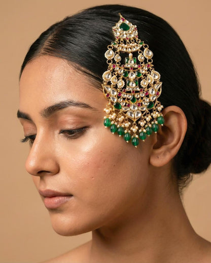 Royal Layered Kundan Passa Headpiece Jewelry for Bridal, Traditional Mughal Ethnic Jewelry, Gold-Plated Wedding Jhoomar Accessories