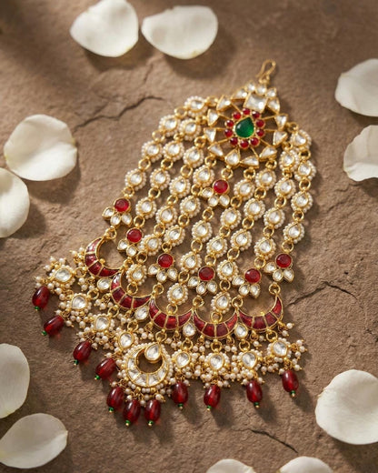 Handmade Kundan Pasa Jhoomar Bridal Headpiece with Red Pearls and Green Center Stone Mughal-Inspired Gold-Plated Wedding Jewelry