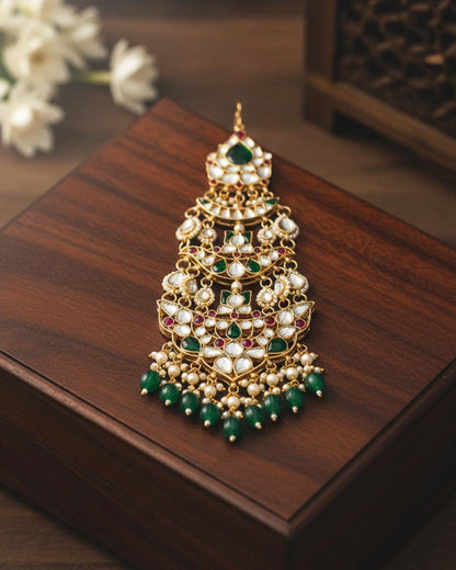 Royal Layered Kundan Passa Headpiece Jewelry for Bridal, Traditional Mughal Ethnic Jewelry, Gold-Plated Wedding Jhoomar Accessories