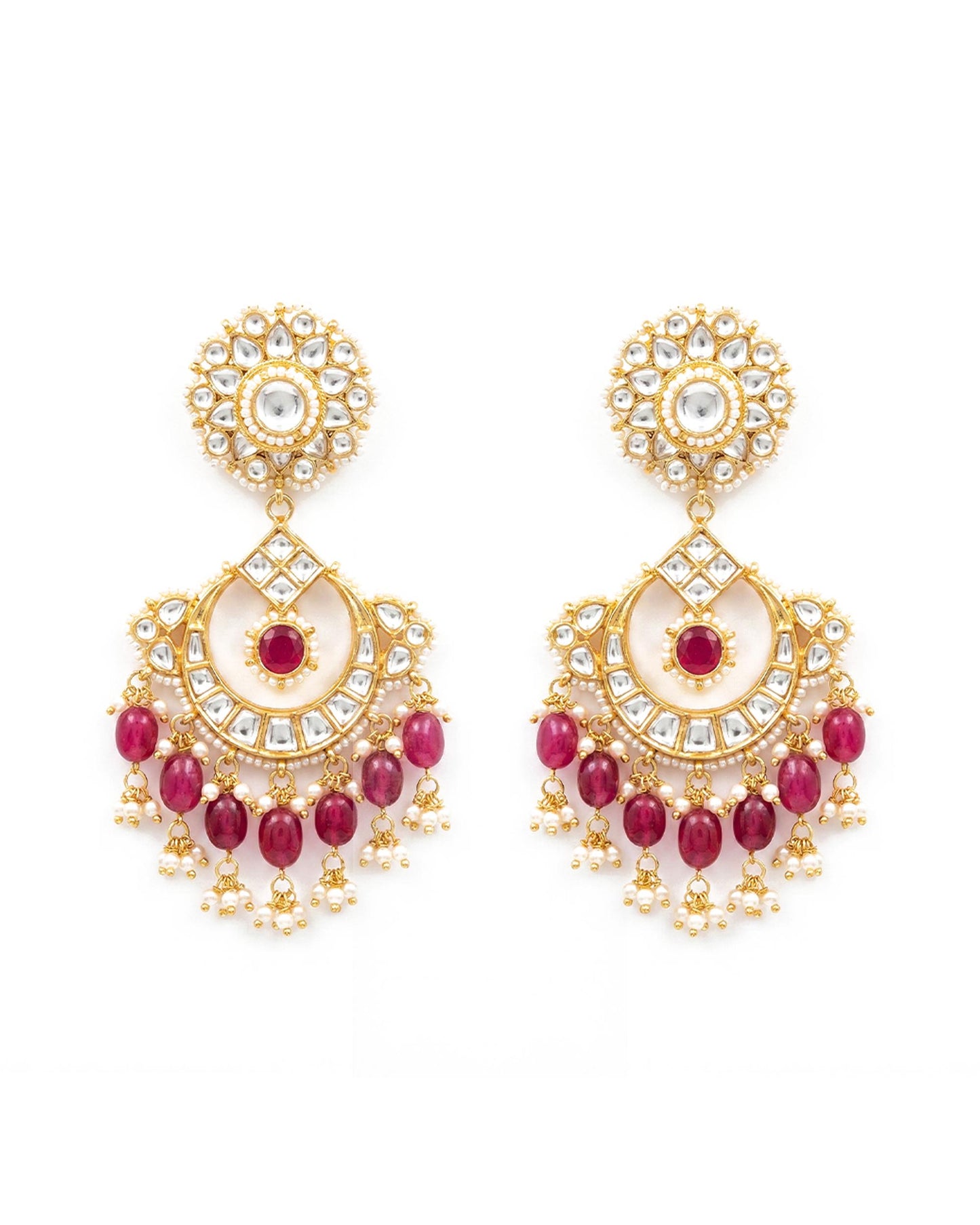 Bridal Jadau Kundan Chandbali Earrings, Gold Plated Ethnic Jewelry with Pink Beads & Pearls, Traditional Polki Style Jewelry for Women