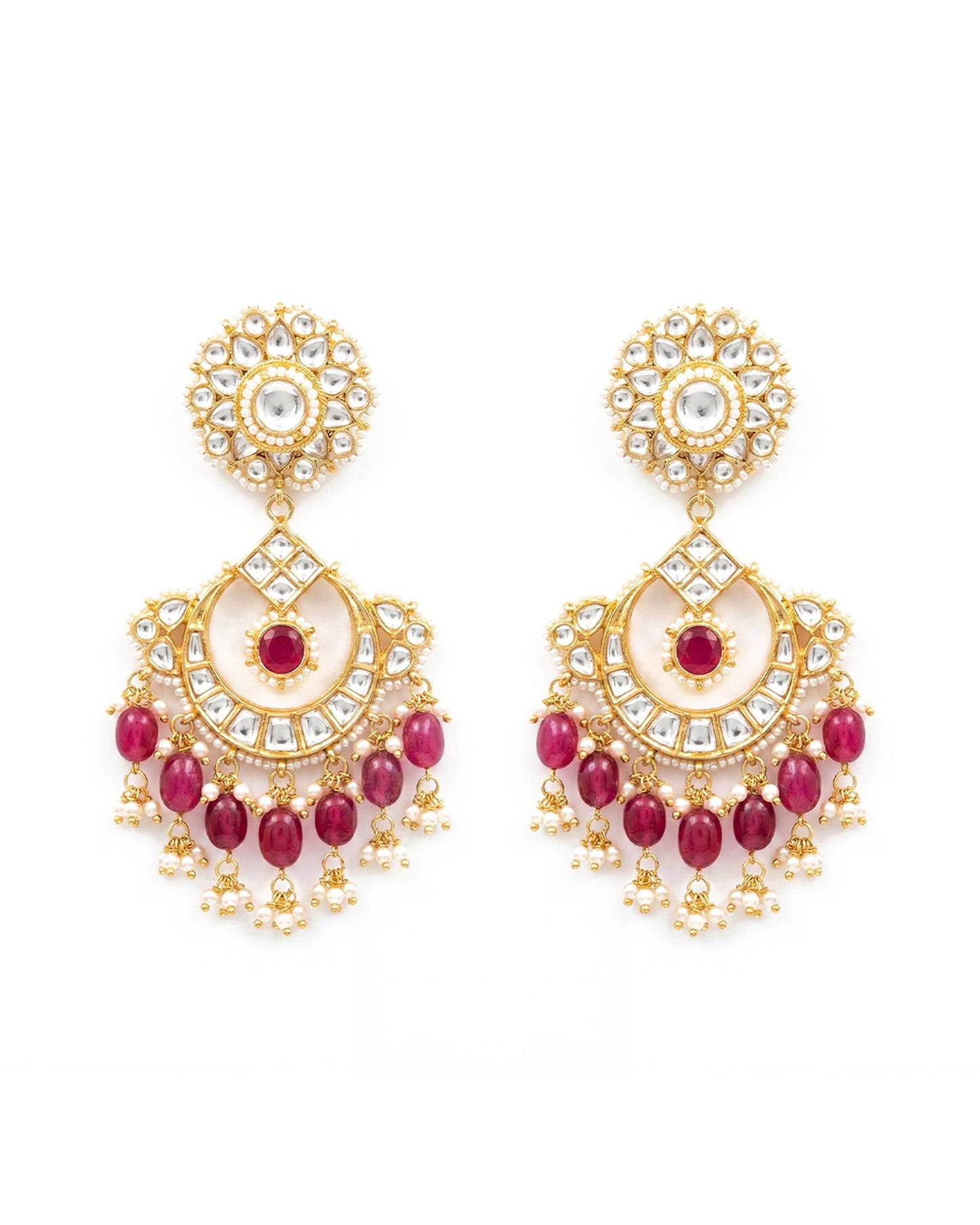 Bridal Jadau Kundan Chandbali Earrings, Gold Plated Ethnic Jewelry with Pink Beads & Pearls, Traditional Polki Style Jewelry for Women
