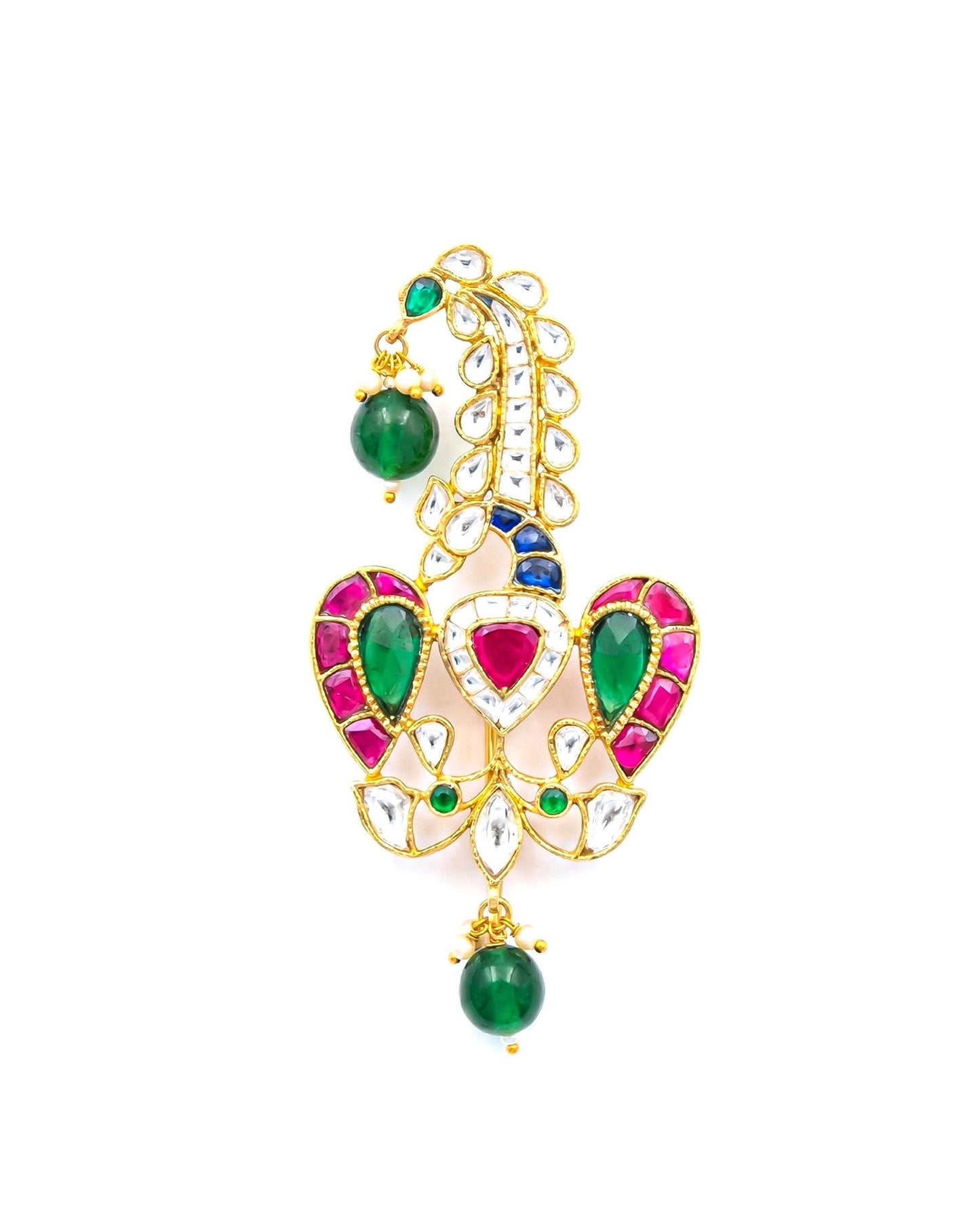 Peacock Rajwadi Kalingi Jewelry, Gold-Plated Groom Safa Ornament with Kundan Polki, Pearl & Green Beads, Wedding Turban Accessory