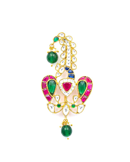 Peacock Rajwadi Kalingi Jewelry, Gold-Plated Groom Safa Ornament with Kundan Polki, Pearl & Green Beads, Wedding Turban Accessory
