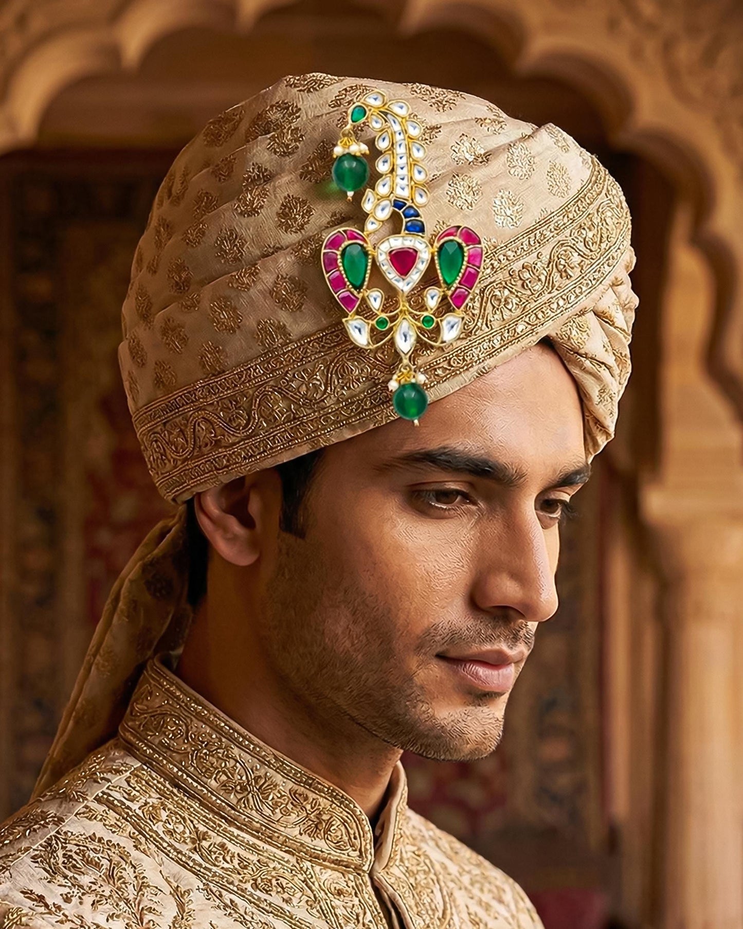 Peacock Rajwadi Kalingi Jewelry, Gold-Plated Groom Safa Ornament with Kundan Polki, Pearl & Green Beads, Wedding Turban Accessory