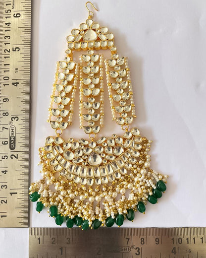 Handmade White Polki Bridal Pasa Jhoomar Jewelry with Green Bead Side Headpiece, Mughal Kundan Pearl Head Accessory for Traditional Weddings