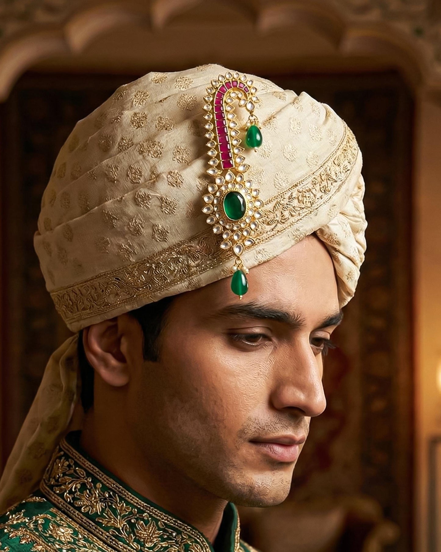 Handmade Gold Plated Rajwadi Groom Kalingi, Multi-Gemstone Indian Wedding Safta Ornament Jewelry