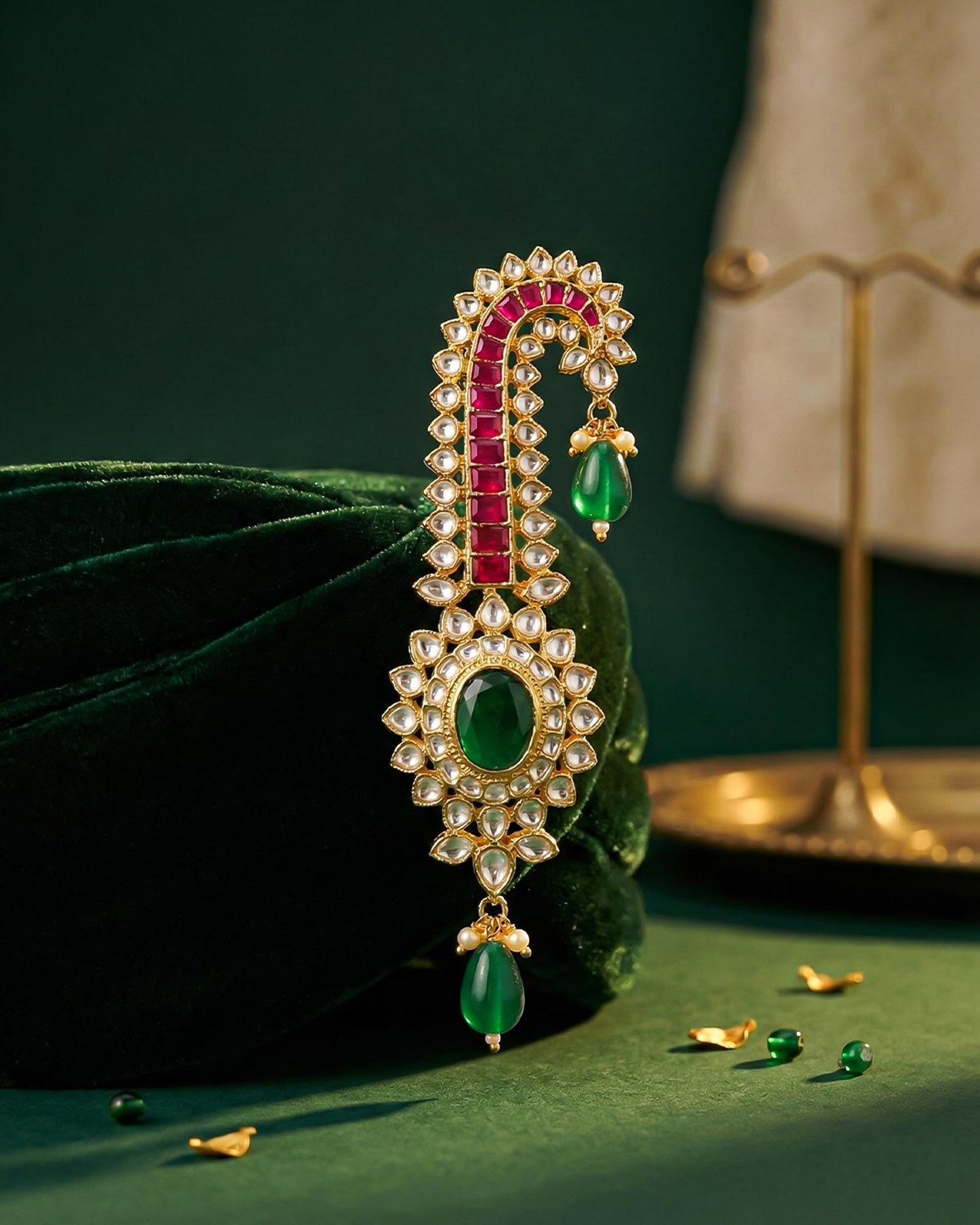 Handmade Gold Plated Rajwadi Groom Kalingi, Multi-Gemstone Indian Wedding Safta Ornament Jewelry