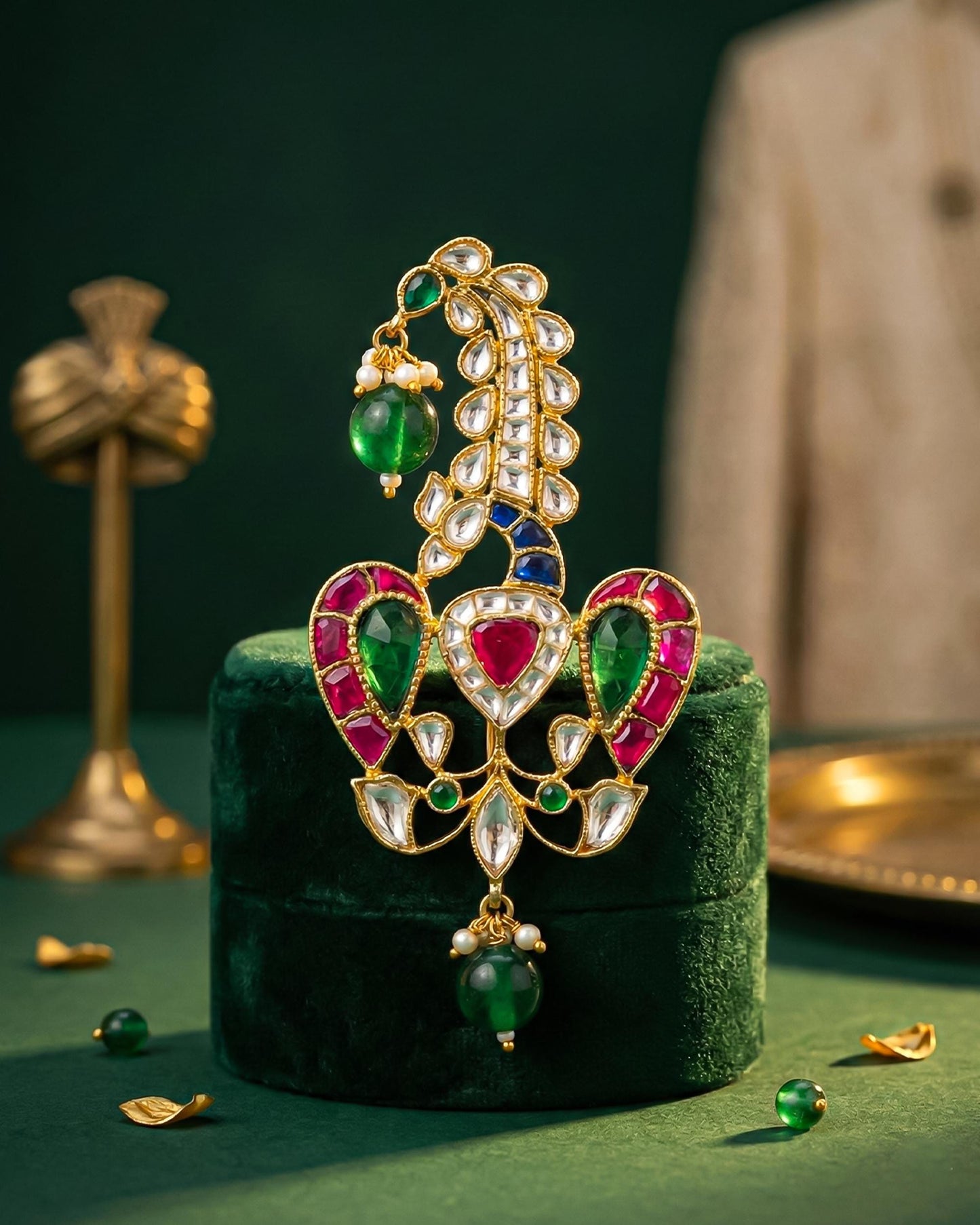 Peacock Rajwadi Kalingi Jewelry, Gold-Plated Groom Safa Ornament with Kundan Polki, Pearl & Green Beads, Wedding Turban Accessory