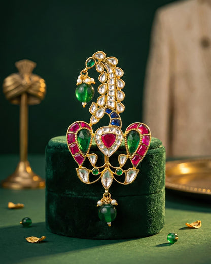 Peacock Rajwadi Kalingi Jewelry, Gold-Plated Groom Safa Ornament with Kundan Polki, Pearl & Green Beads, Wedding Turban Accessory