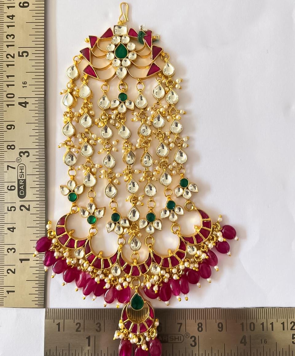 Handmade Kundan Pasa Jhoomar Bridal Headpiece with Red Pearls and Green Center Stone Mughal-Inspired Gold-Plated Wedding Jewelry