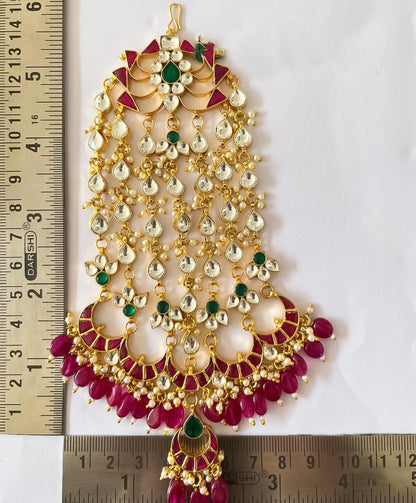 Handmade Kundan Pasa Jhoomar Bridal Headpiece with Red Pearls and Green Center Stone Mughal-Inspired Gold-Plated Wedding Jewelry